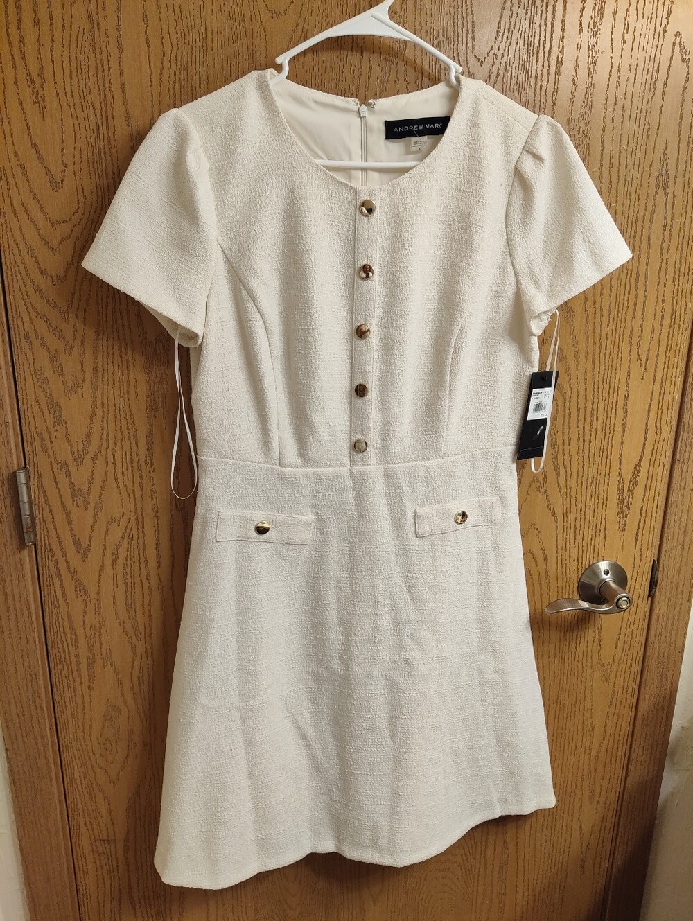 Andrew Marc Cream Textured Short-Sleeve Shift Dress with Gold Buttons